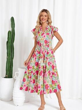 Grace Karin Floral Tiered Midi Dress in Pink & Green